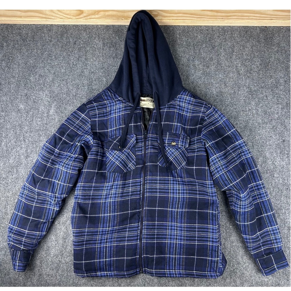 Open Trails Mens Blue Plaid Hooded Flannel Jacket Quilted Lined Full Zip Medium